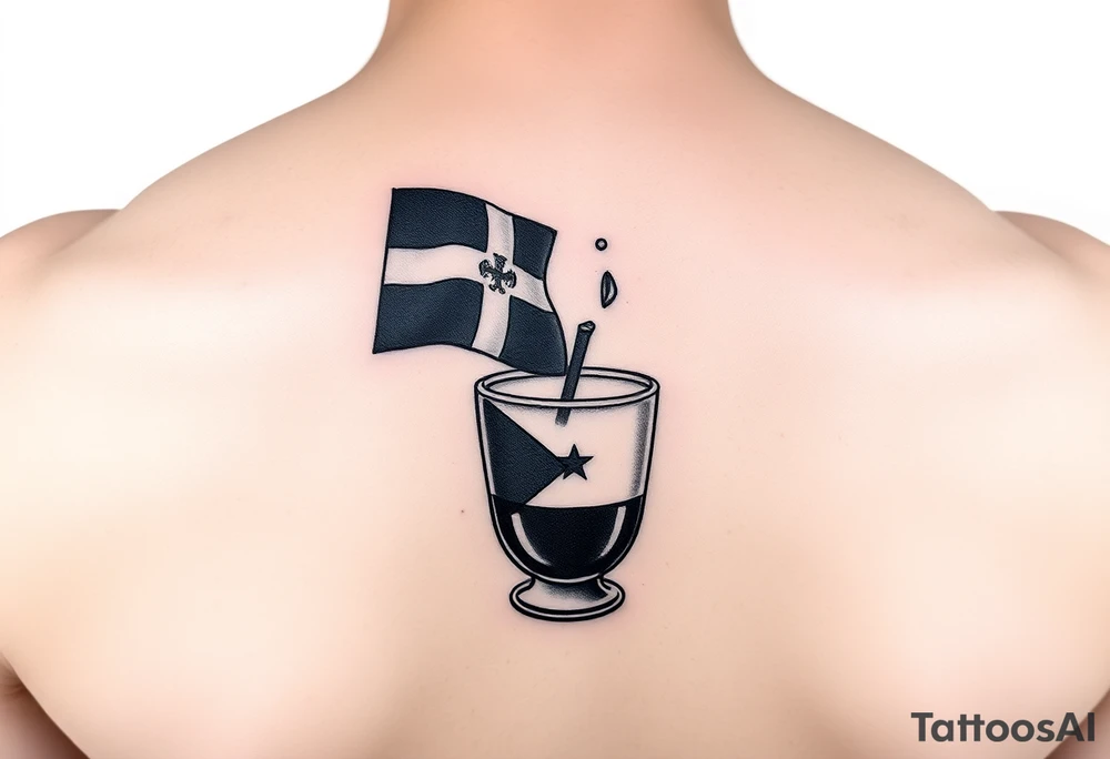 A simple greca with a Dominican Republic flag, tipped to pour coffee into a small Cuban coffee glass with a Cuban flag. Using shading to make the tattoo pop. tattoo idea