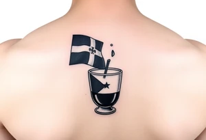 A simple greca with a Dominican Republic flag, tipped to pour coffee into a small Cuban coffee glass with a Cuban flag. Using shading to make the tattoo pop. tattoo idea