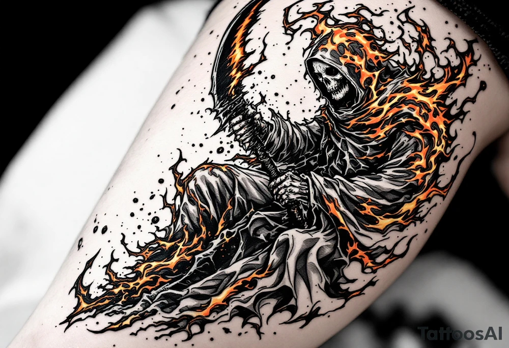A fiery Reaper in lava-toned robes wielding a charred black scythe. tattoo idea