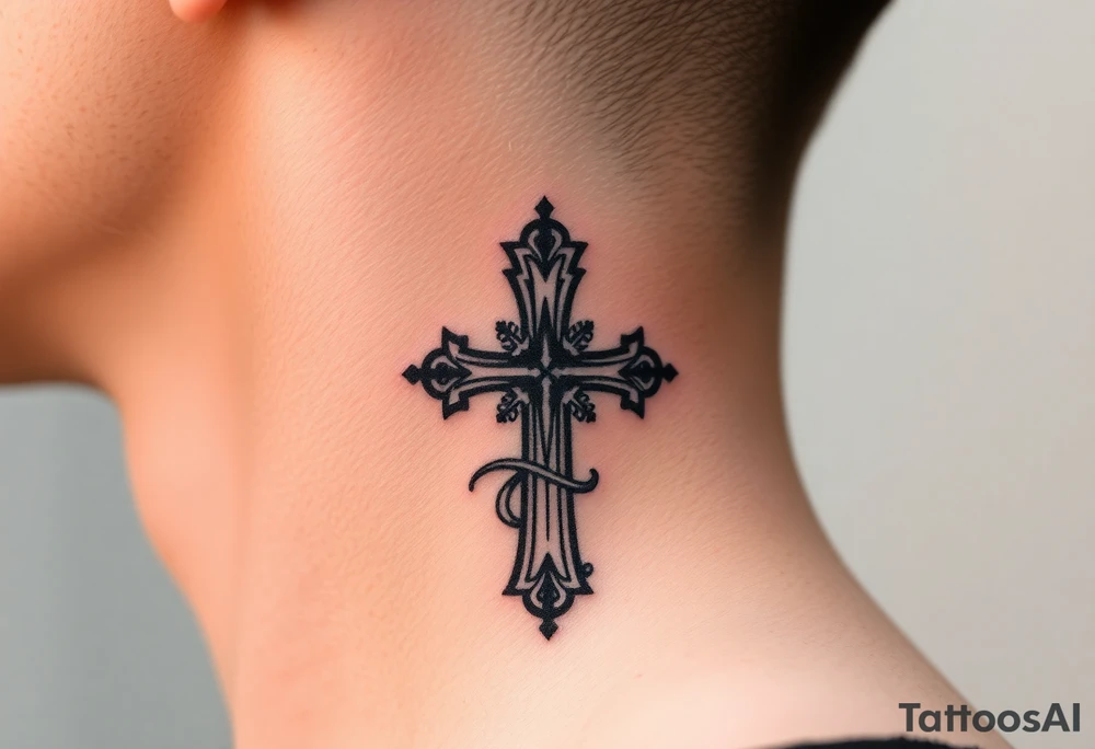 orthodox christian cross relatively small on side of left neck tattoo idea