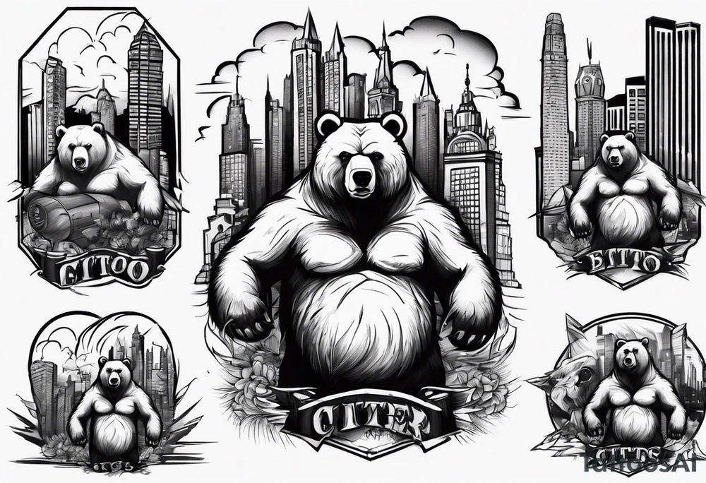 Serious bear coming up behind a city tattoo idea