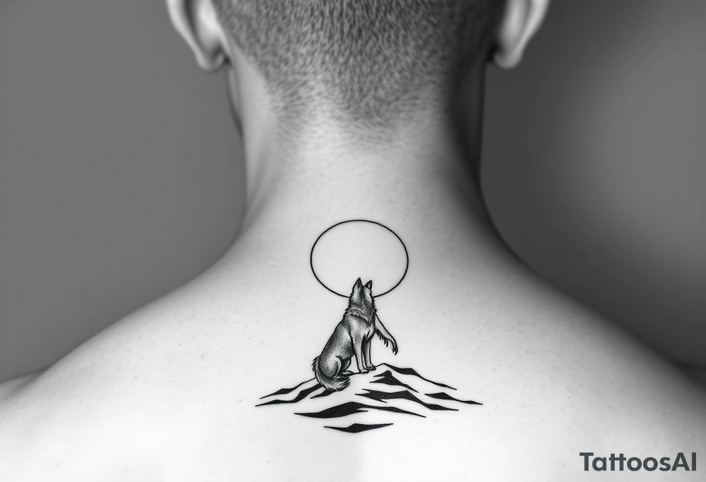 smALL HUSKY LOOKING AT A TRIBAL MOON STANDONG IN THE SAND IN THE SEA tattoo idea