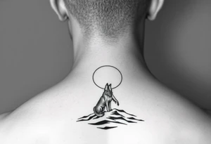 smALL HUSKY LOOKING AT A TRIBAL MOON STANDONG IN THE SAND IN THE SEA tattoo idea
