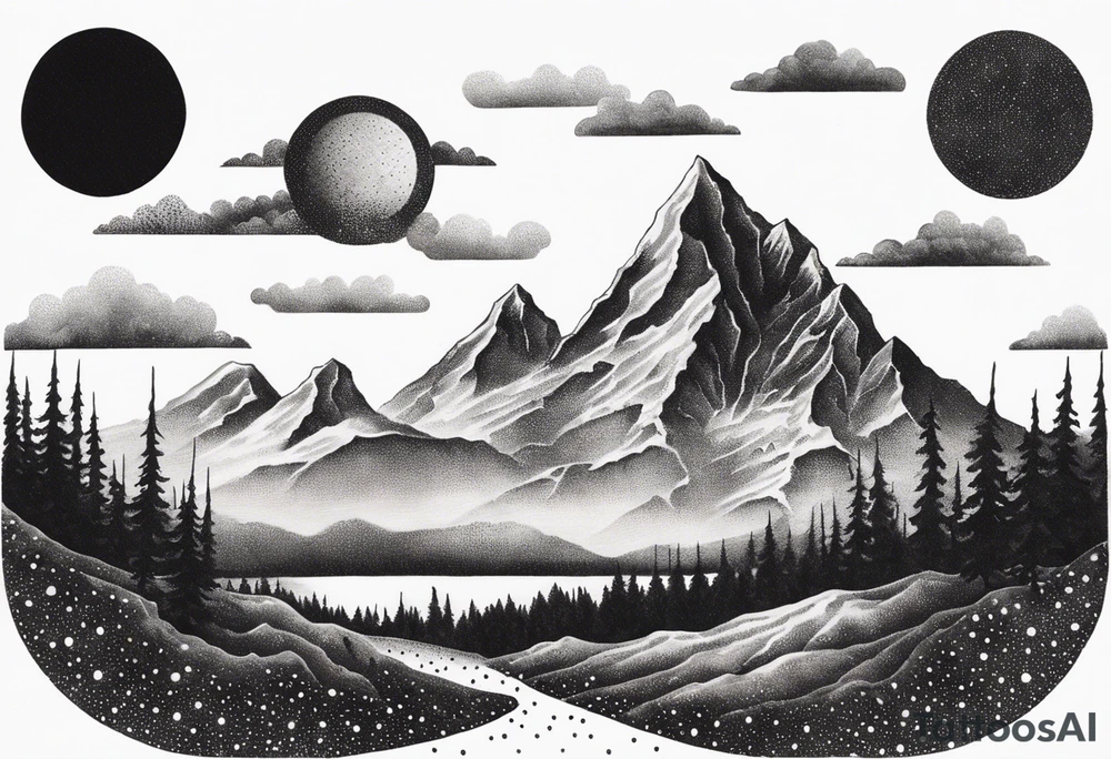 death metal mountain scene tattoo idea