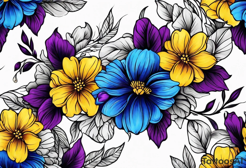 Blue yellow and purple flowers arm sleeve tattoo idea