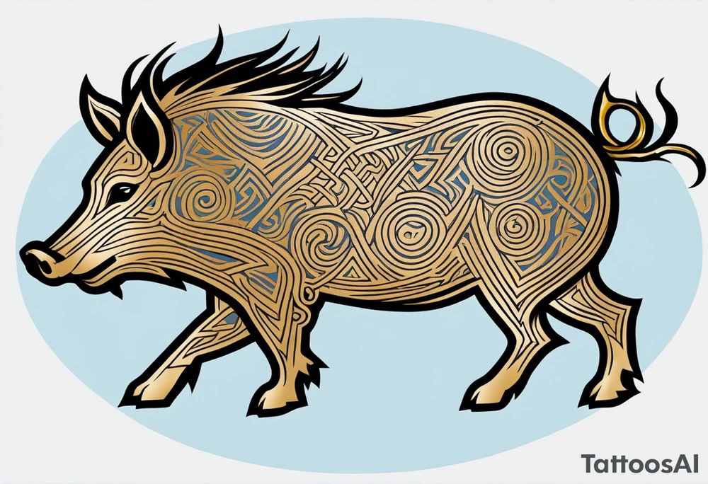 Side profile, Celtic, tribal, wild boar, On a Chatwin family crest with blue background, two gold stars, and a gold Chevron, and a Thistle tattoo idea
