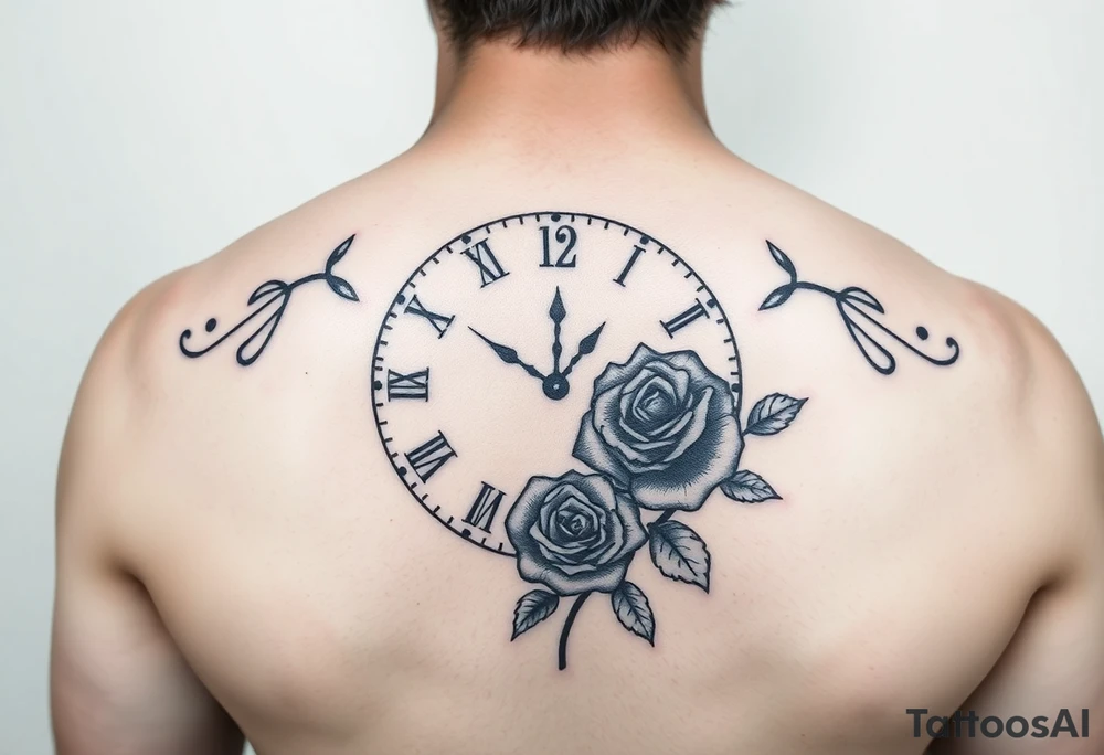 Clock showing 12:56 with rose stencil tattoo idea