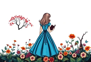Alice (from Alice in wonderland) silhouette wearing a blue dress. Perspective from the back. She is caring a book, entering a garden with flowers and an orange tree tattoo idea