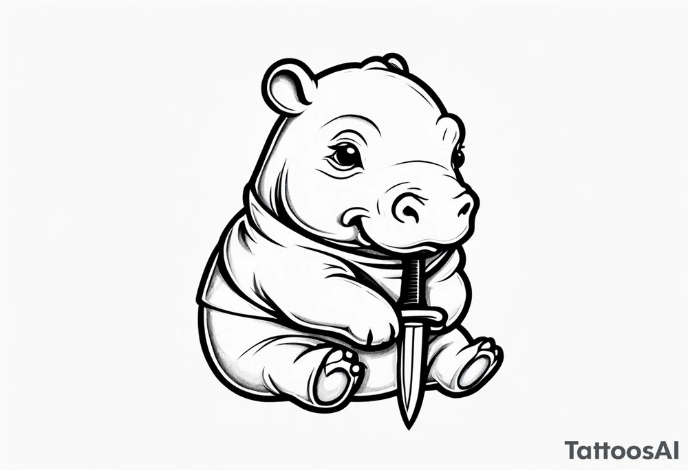 Baby hippopotamus wrapped in a swaddle and holding a knife in its mouth tattoo idea