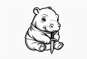 Baby hippopotamus wrapped in a swaddle and holding a knife in its mouth tattoo idea