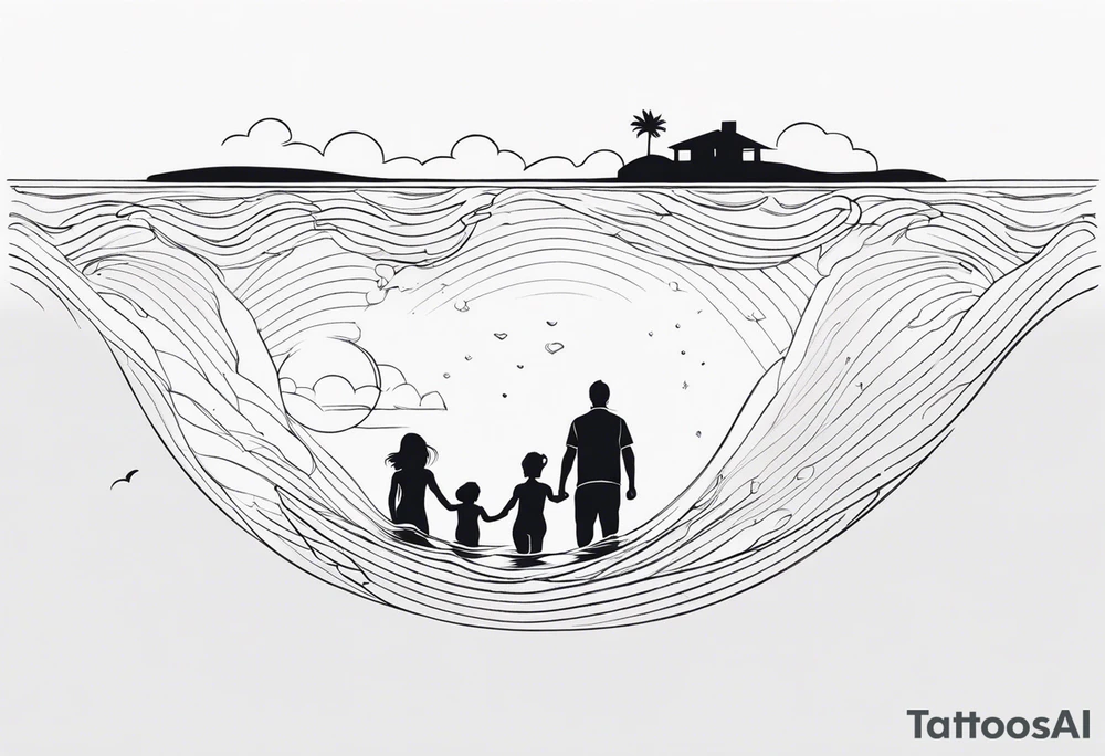 Black and white, single needle, minimal Line work tattoo with a dad and his two toddler daughters in the ocean. tattoo idea