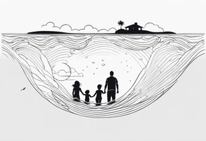 Black and white, single needle, minimal Line work tattoo with a dad and his two toddler daughters in the ocean. tattoo idea