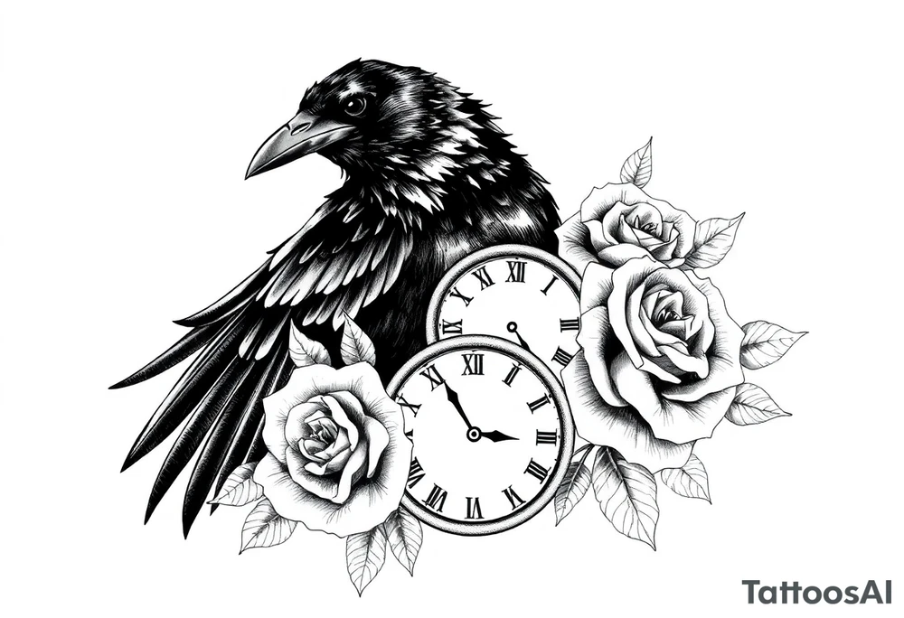 raven,roses,clock. tattoo idea