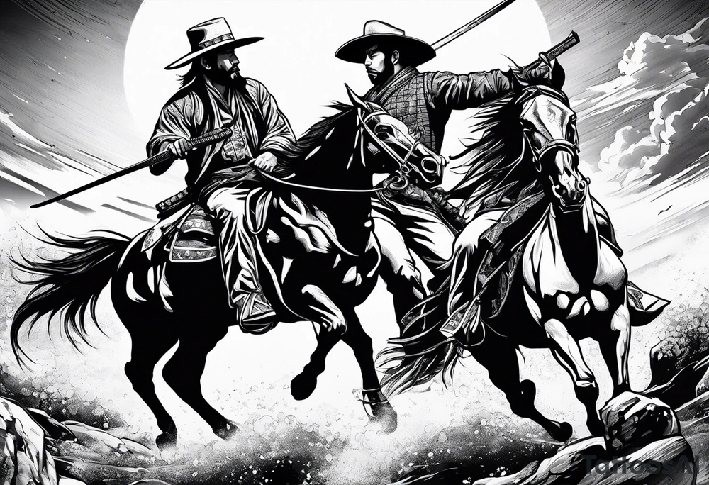 an American cowboy and a japanese samurai fighting each other in battle tattoo idea
