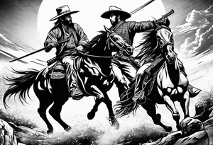 an American cowboy and a japanese samurai fighting each other in battle tattoo idea