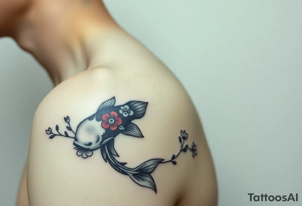 I want the tattoo starting at my collar bone, and I want it to go down my arm, but doesn’t go past my elbow. I want my middle name, Sané” on my collarbone area and I want the red and black koi fish too on my shoulder area. And I want flowers that represent healing, happiness, and peace and purity. tattoo idea
