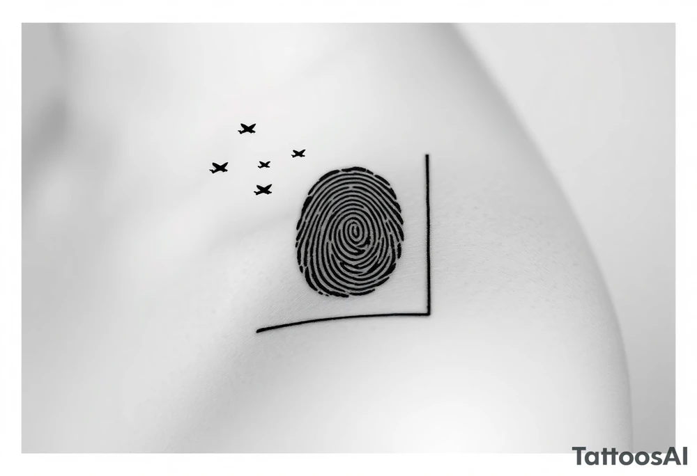A rectangular or oval frame enclosing the fingerprint. Small planes fly out as if escaping or being released from the frame’s corner. Include a signature at the bottom of the frame

Signature: Etched into the bottom of the frame like an engraving. tattoo idea