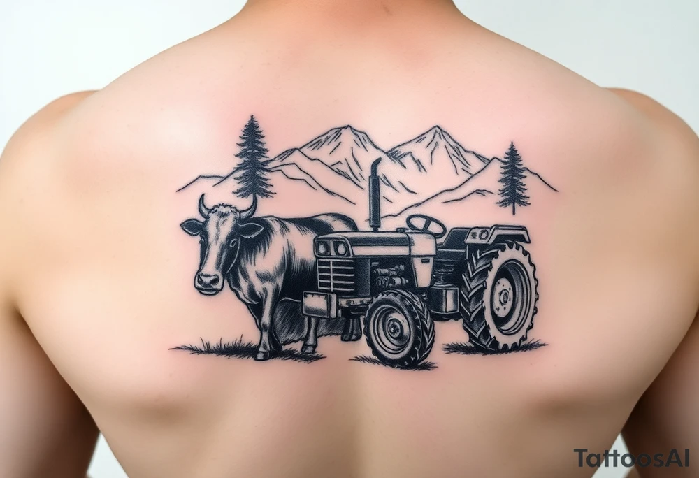 massey Ferguson tractor cow and mountian tattoo idea