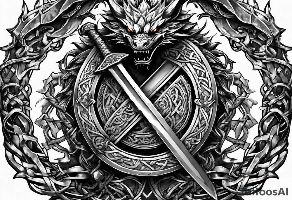 Valhalla sword shield dragon axe Valknut barbed wire chains tattoo idea