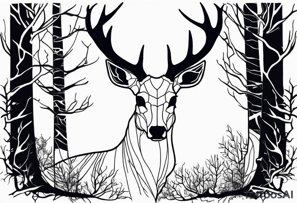 A side profile of decayed deer skull surrounded by trees and fire tattoo idea