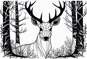 A side profile of decayed deer skull surrounded by trees and fire tattoo idea