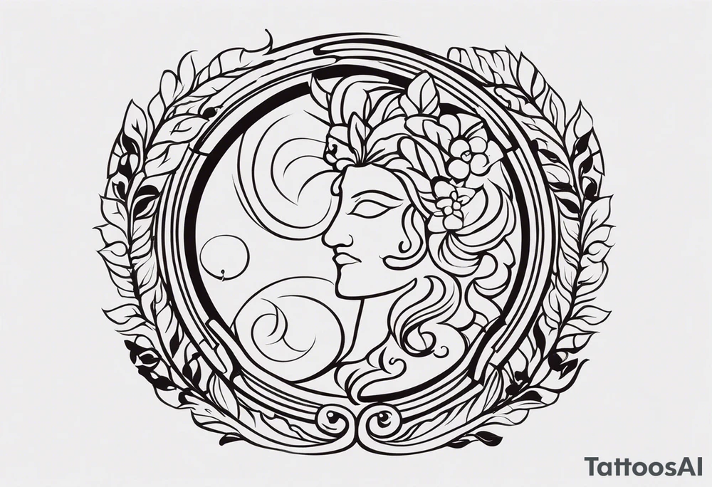 "Design a tattoo featuring the Greek gods Dionysus and Clio, incorporating elements that represent their respective domains and personalities. Consider incorporating symbols of wine, revelry, and artistic inspiration for Dionysus, and symbols of history, literature, and scholarly pursuits for Clio. The design should harmoniously blend these elements while capturing the essence of both deities." tattoo idea
