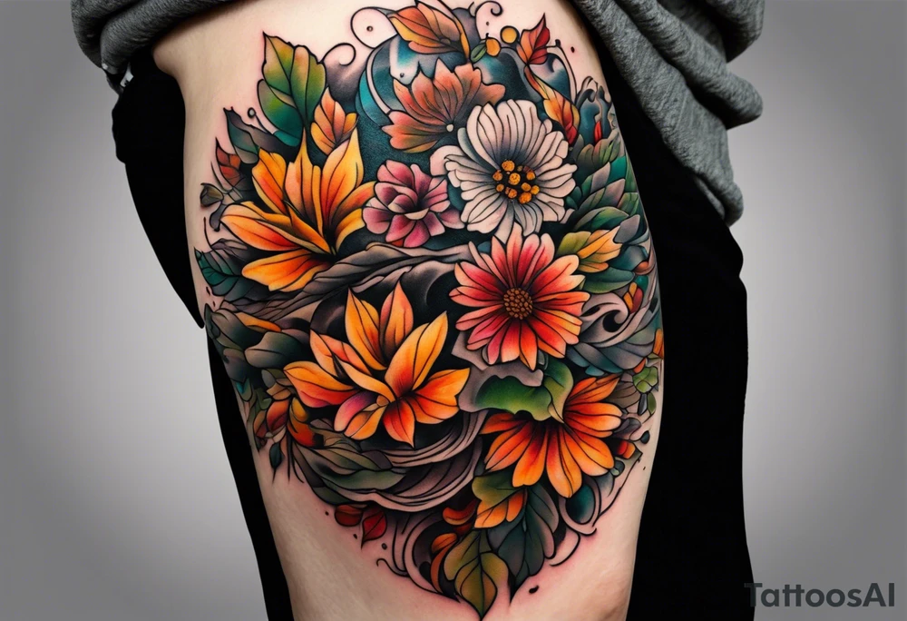 Front knee tattoo with fall colors, flowers, leaves, water flow tattoo idea
