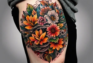 Front knee tattoo with fall colors, flowers, leaves, water flow tattoo idea