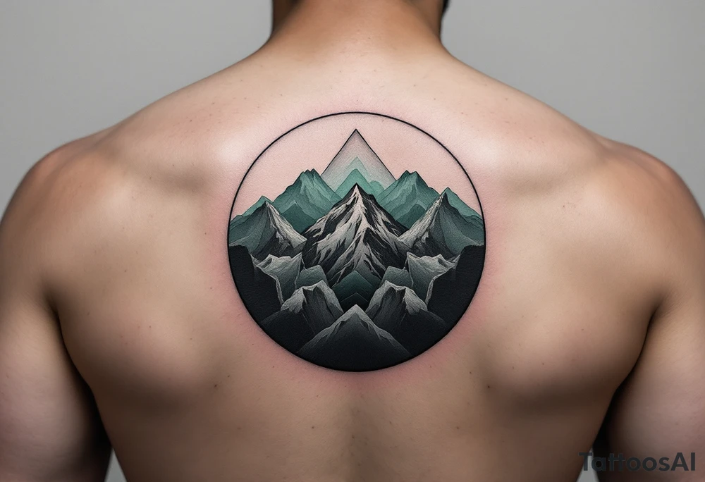 A circle filled with gradient mountain layers in tones of gray, navy, and moss green. tattoo idea