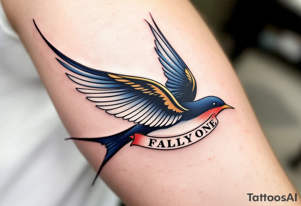 A graceful swallow in mid-flight, wings outstretched, with deep navy and soft white feathers, accented by a golden sheen on its wingtips. A red ribbon flows from its beak, carrying the initials of loved ones, symbolizing loyalty and safe travels. tattoo idea