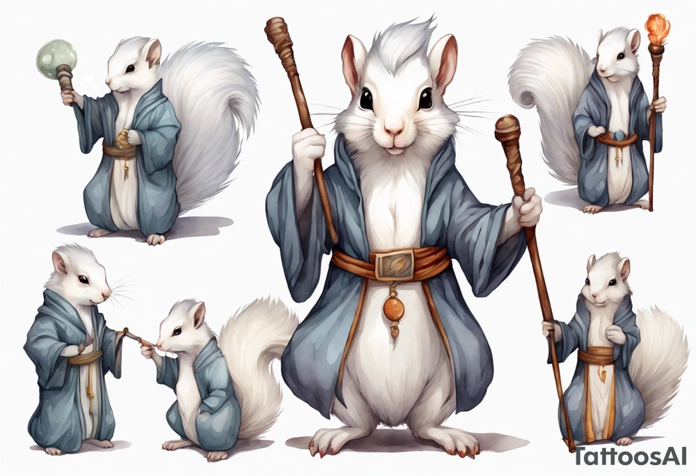 a white squirrel with long hair and a grey robe, holding a wizard's staff tattoo idea