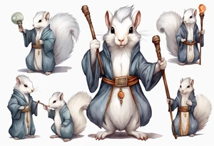 a white squirrel with long hair and a grey robe, holding a wizard's staff tattoo idea