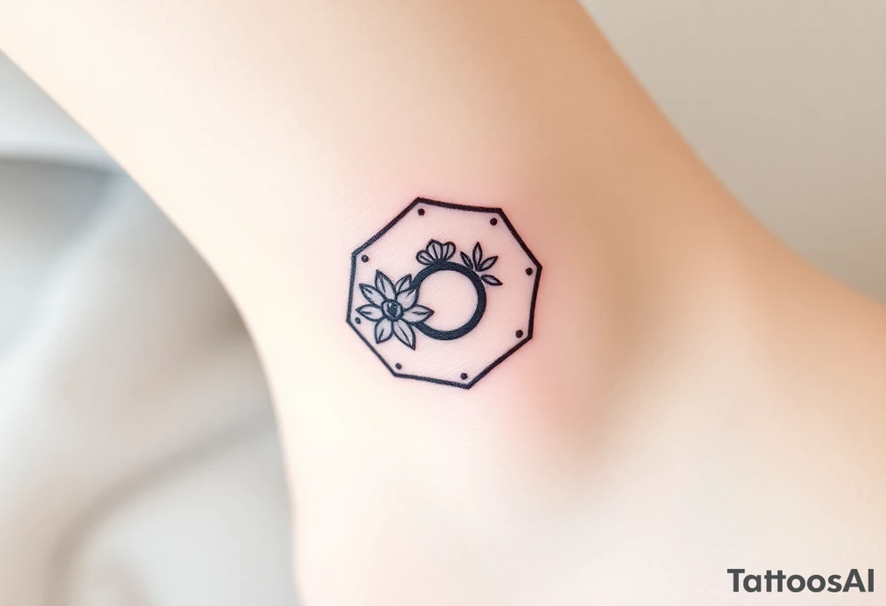 Faint Hexagon with astrological sign for Leo, larkspur and water lilies in the center tattoo idea