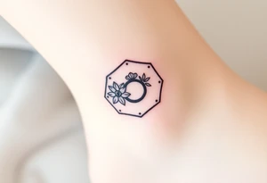 Faint Hexagon with astrological sign for Leo, larkspur and water lilies in the center tattoo idea