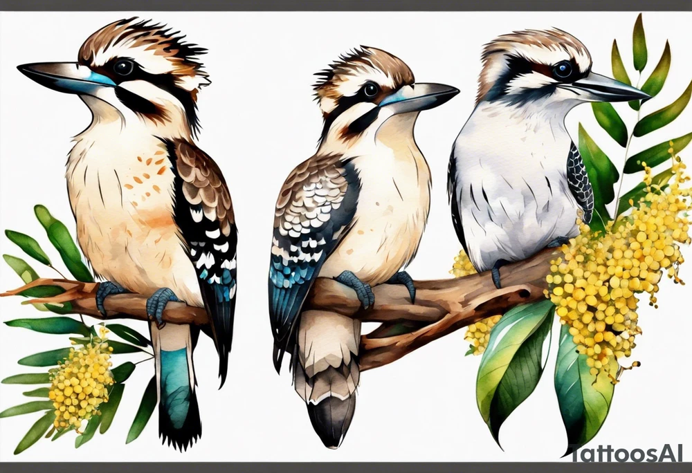 kookaburra sitting on wattle leaves tattoo idea