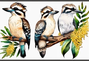 kookaburra sitting on wattle leaves tattoo idea