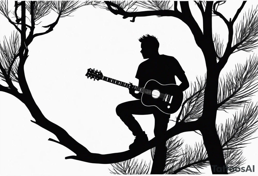 silhouette of a man sitting on a pine tree branch, playing electric guitar tattoo idea