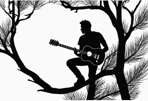 silhouette of a man sitting on a pine tree branch, playing electric guitar tattoo idea