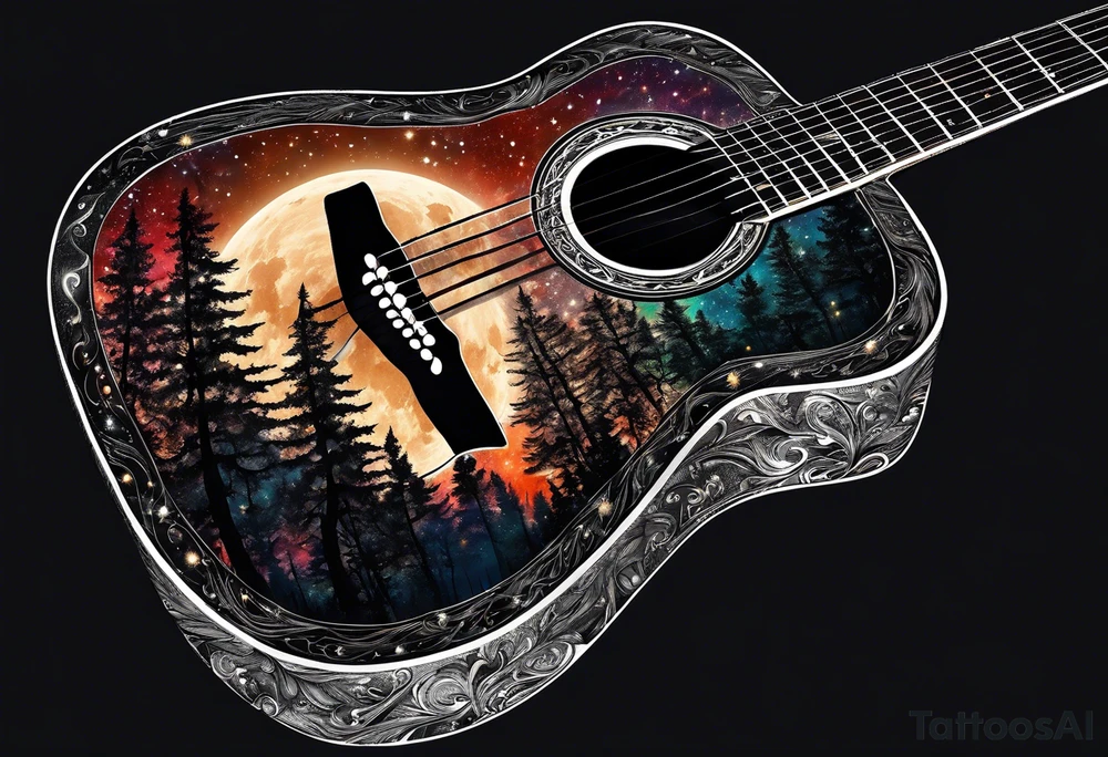 acoustic black guitar made out of trees and a night sky with a bright star tattoo idea
