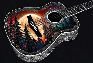 acoustic black guitar made out of trees and a night sky with a bright star tattoo idea