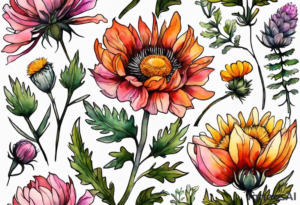 wildflowers with thistles, ferns, burnt orange flower, white flowers, pink flowers, red flowers and yellow flowers all in watercolor tattoo idea