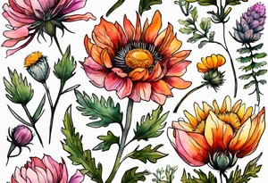 wildflowers with thistles, ferns, burnt orange flower, white flowers, pink flowers, red flowers and yellow flowers all in watercolor tattoo idea