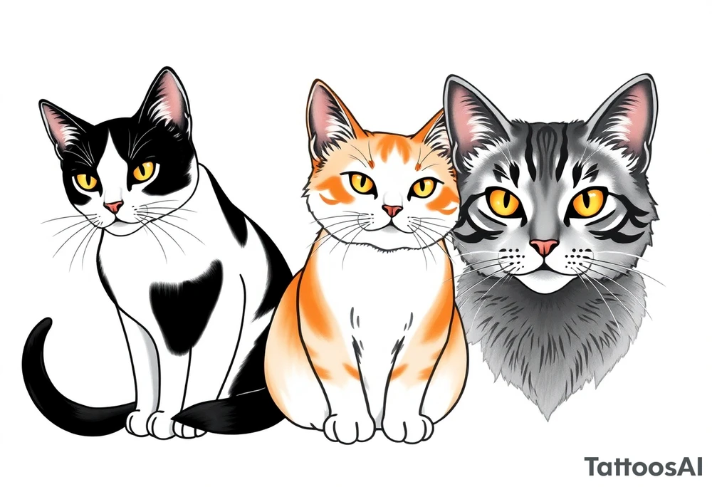 three cats, one black and white cat, one orange and white cat and one grey tabby cat tattoo idea