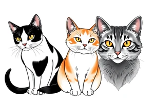 three cats, one black and white cat, one orange and white cat and one grey tabby cat tattoo idea