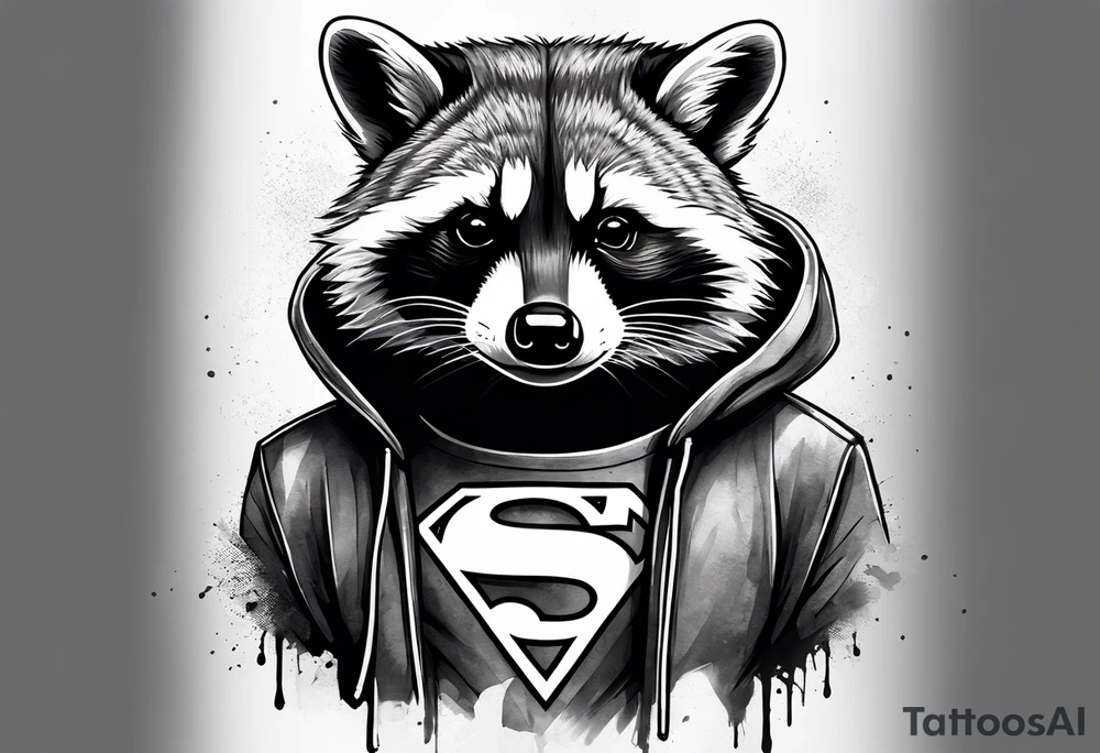 raccoon wearing a Superman hoodie tattoo idea