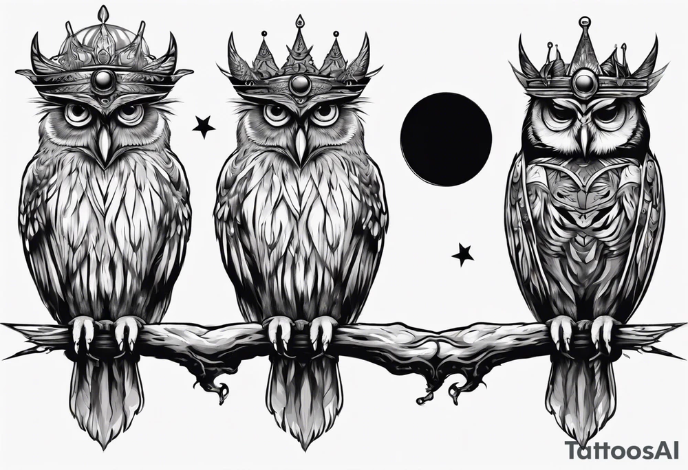 Wise Crowned Owl perched with the Dark Moon. tattoo idea