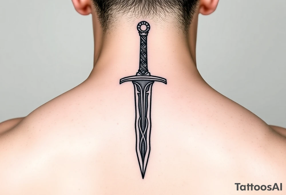 Fine line Celtic sword with a light horizontal line across the back of the blade tattoo idea