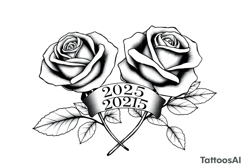 two beautiful large rose buds, one larger than the other, with many leaves next to the rose buds, with one sitting higher than the other. Include a banner connecting the two roses with "2025" on it.   Use dark outlines with little shading. The two stems should be short, not long, and connect and join into one stem, whimsically curved or twisted - not straight down. tattoo idea