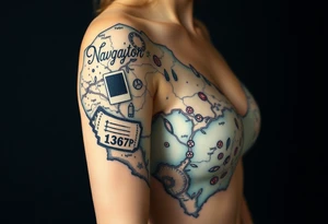 Navigator map with torn/burnt edges, with polaroids, coins, and show tickets tattoo idea
