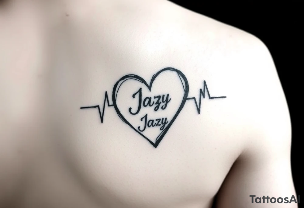 upper arm tattoo -faded heart beat outline for a deceased best friend with the name Jazy incorporated tattoo idea